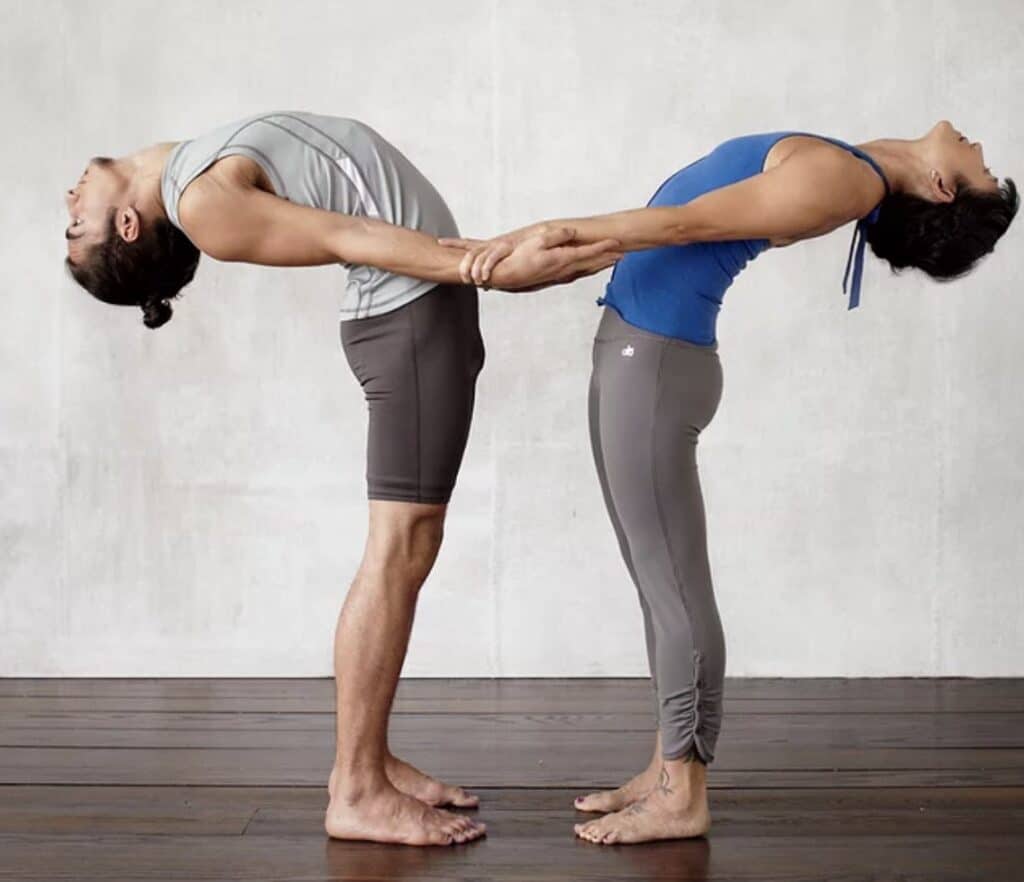 partner yoga pose standing backbend yoga poses for two