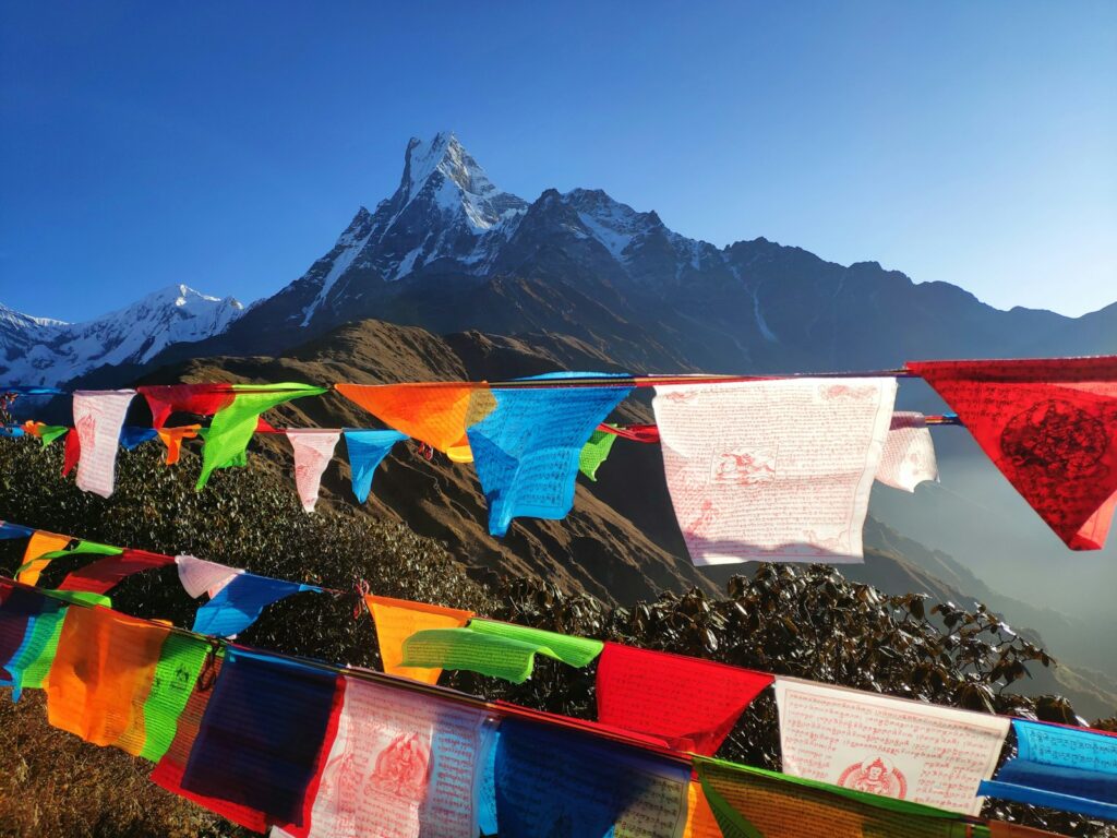 Himalayan Mountains with Colored Prayers Flags