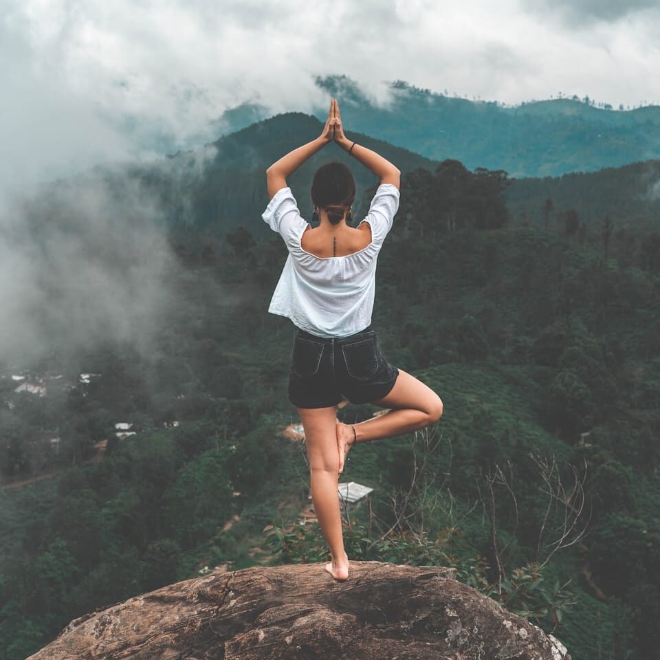 woman standing on rock facing forest