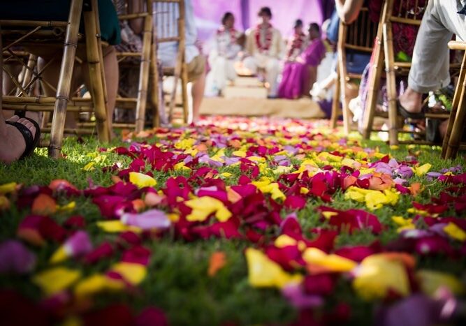 Destination Wedding at Blue Osa Yoga Retreat & Spa in Costa Rica, wedding aisle sprinkled with colorful flowers